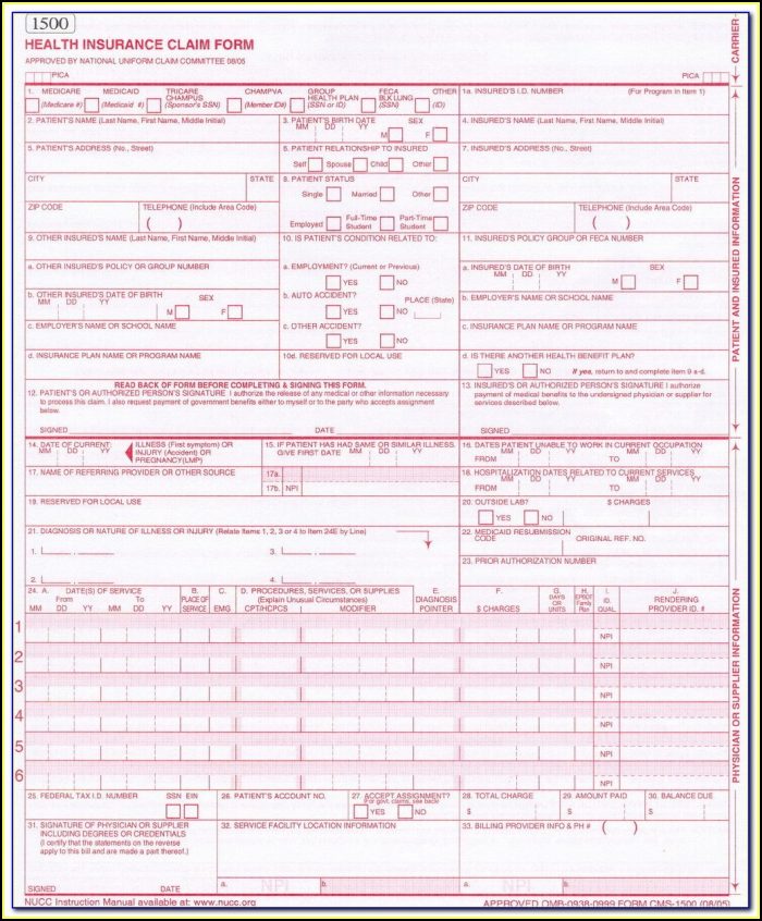 Cms 1500 Claim Form Fillable Free Printable Forms Free Online