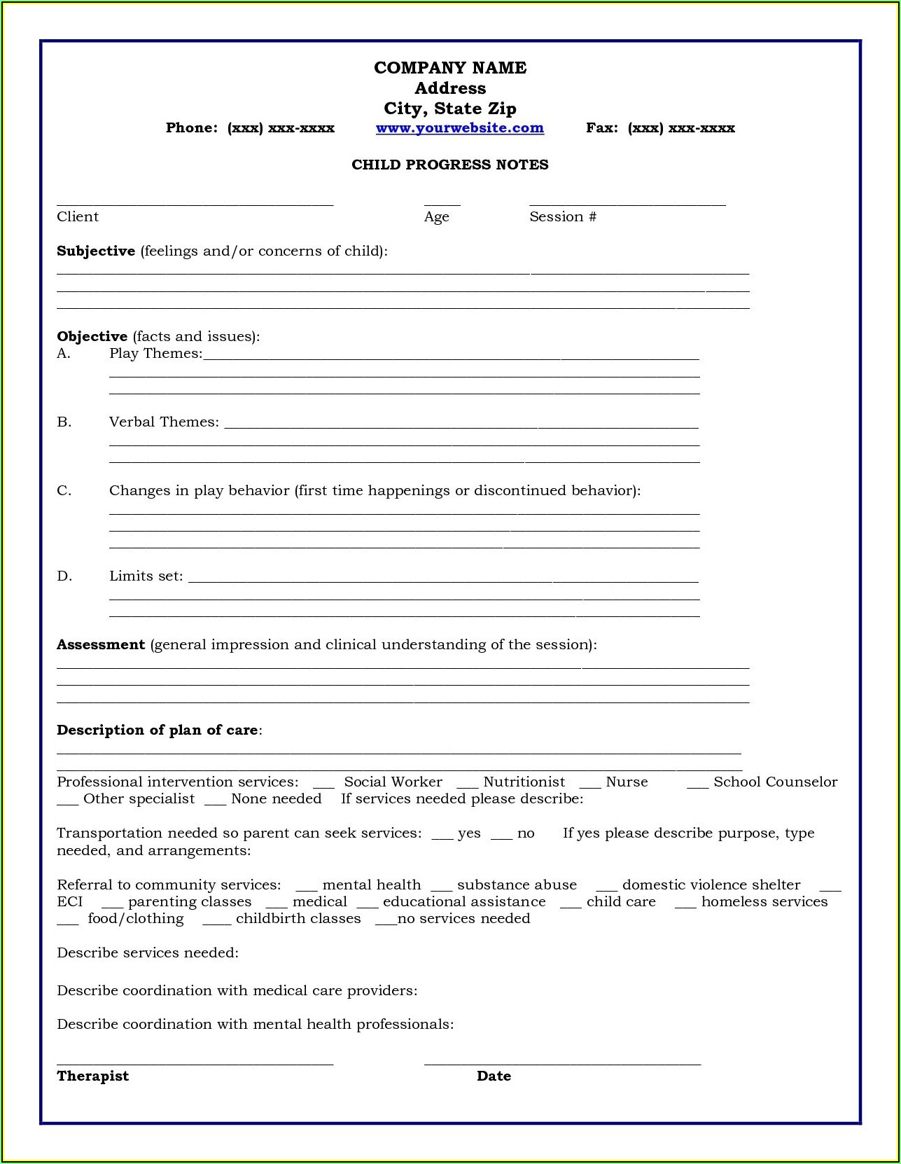 Psychotherapy Progress Note Template Word